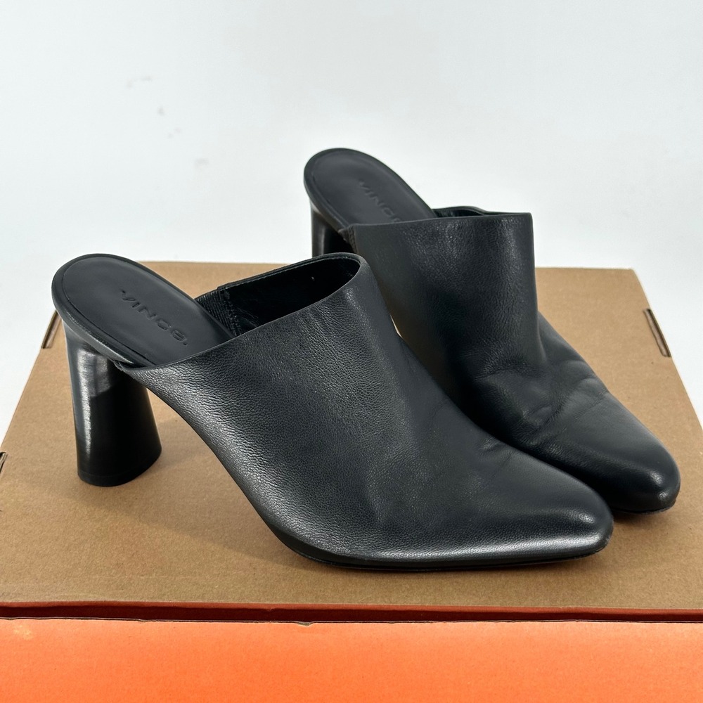 Vince Hera Cylindrical Block Heeled Black Leather Mule Minimalist Chic Office 7